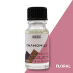 Bottle of chamomile fragrance oil with a geometric label on a white background