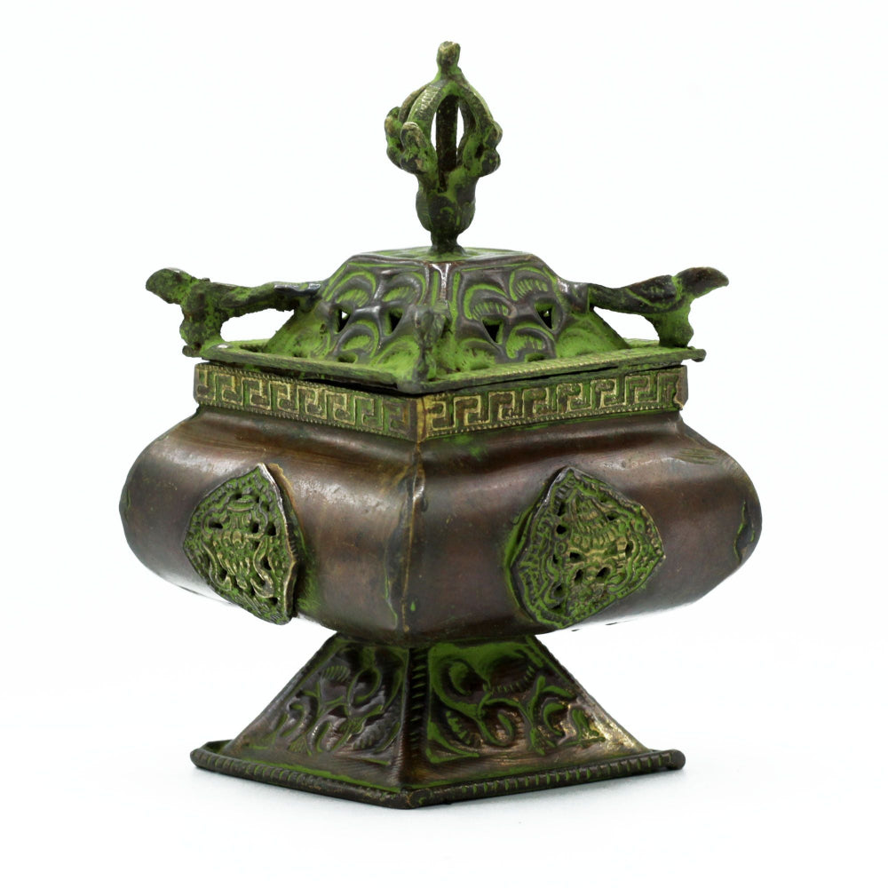 Four Symbols Square Standing Pot Brass Verdigris Tibetan Burner