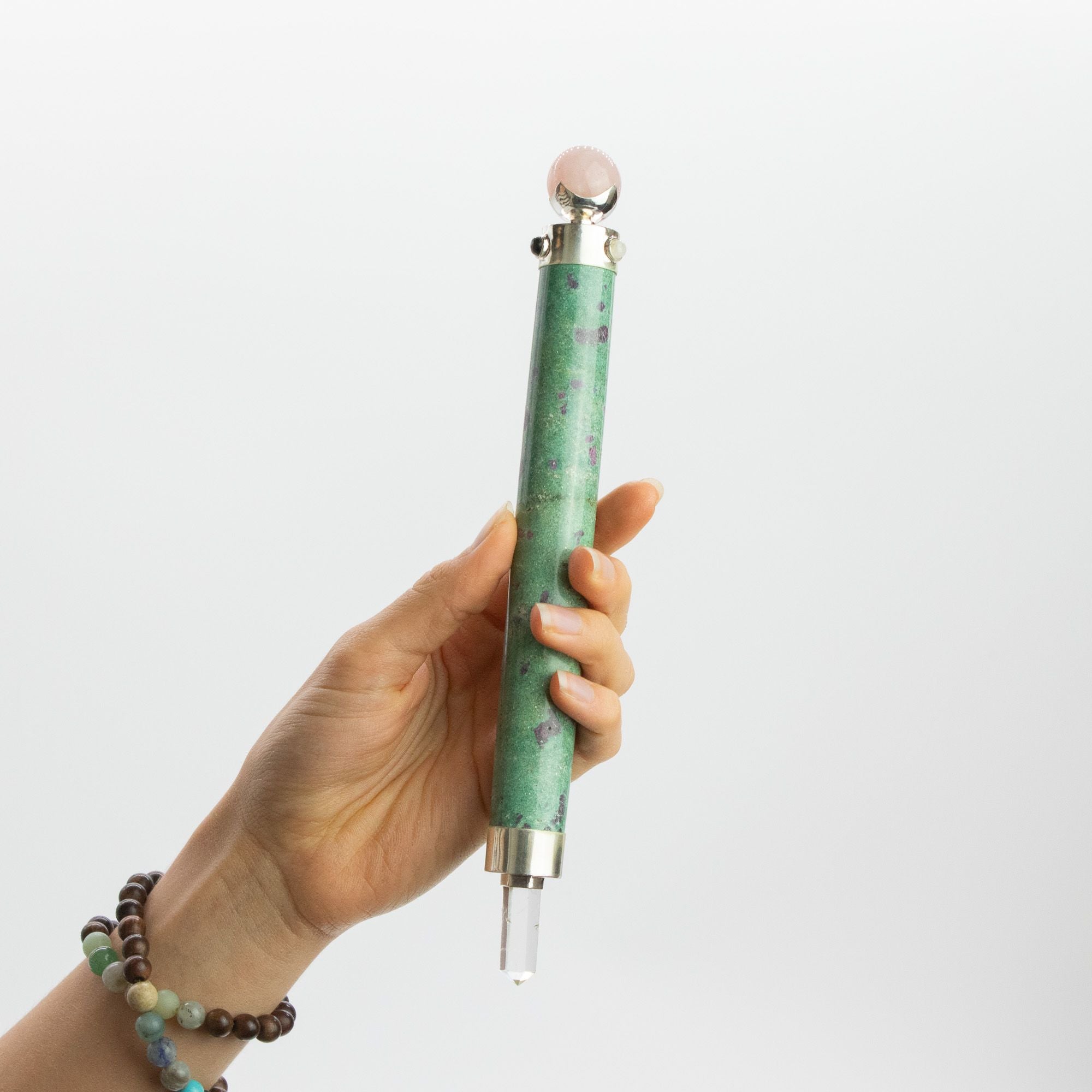 Verdant Heart Wand — Ruby Fuchsite & Rose Quartz Crystal Ball Top