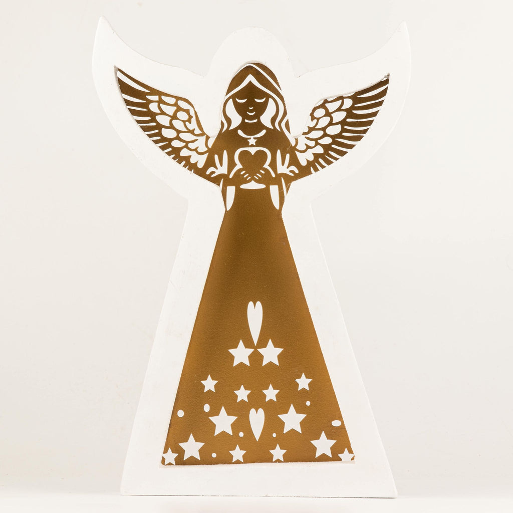 Whitewashed Mango Wood Angel with Iron Cut-Out - Large