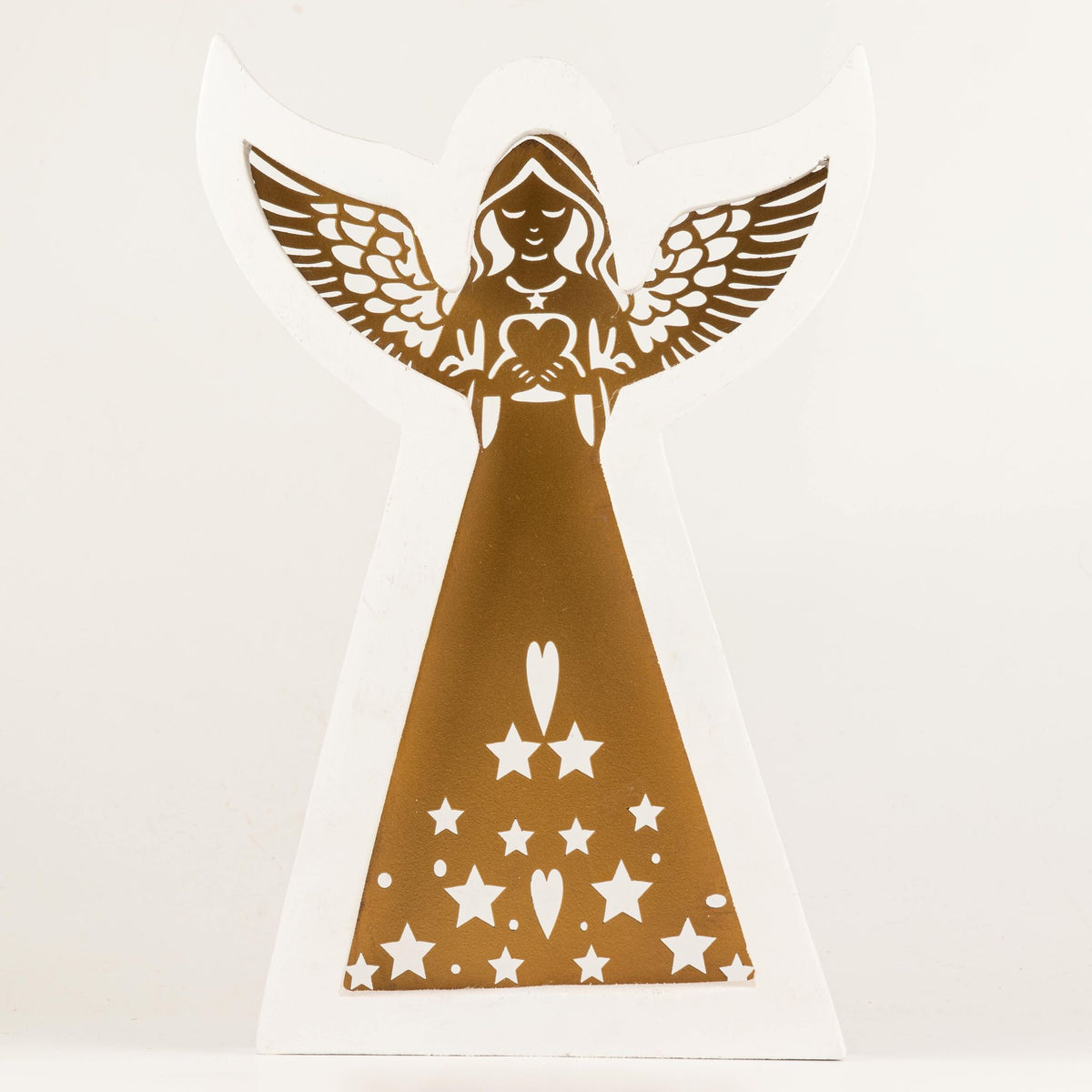Whitewashed Mango Wood Angel with Iron Cut-Out - Large