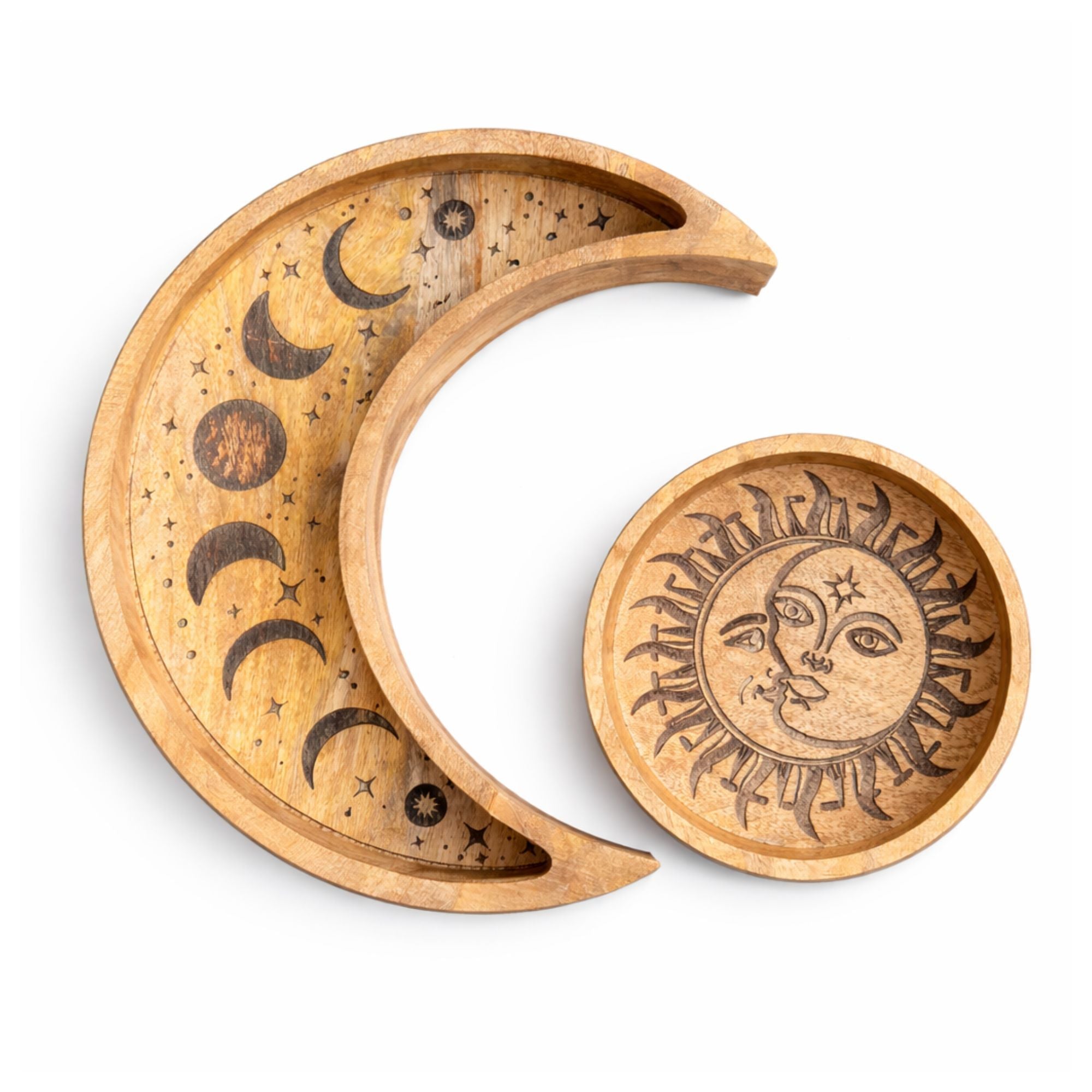 Celestial Sun & Moon Carved Tray Set | Wooden Altar Trays | Set of 2