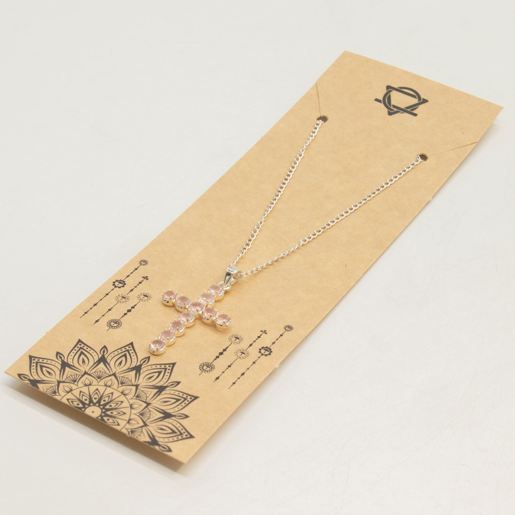 Rose Quartz Crucifix Pendant | Silver Plated | 45cm Chain