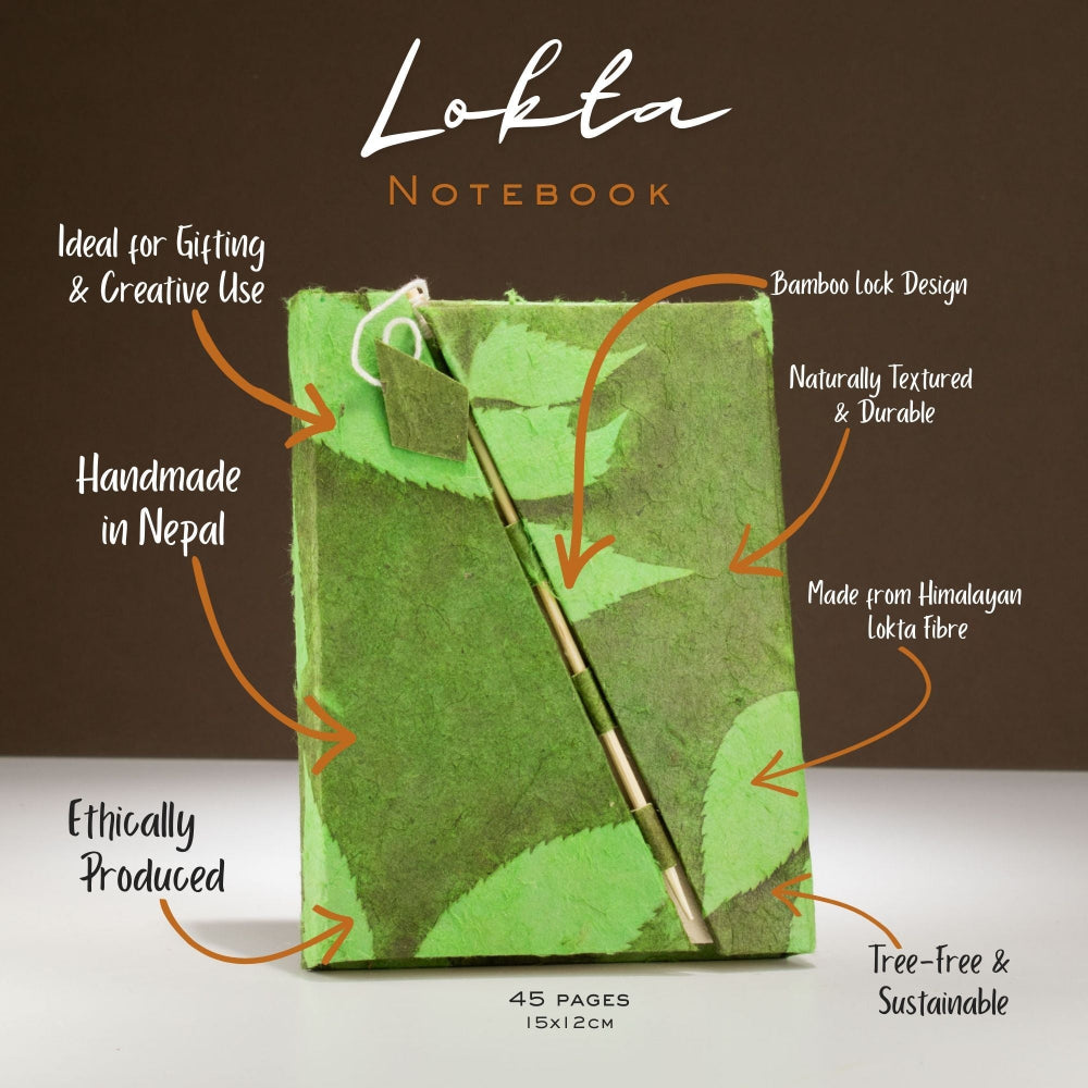 Lokta Bold Floral Moss Green Bamboo Lock Notebook  Medium