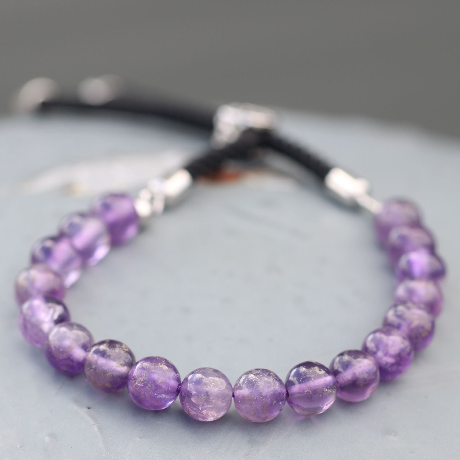 Amethyst 925 Silver Plated Gemstone Black String Bracelet