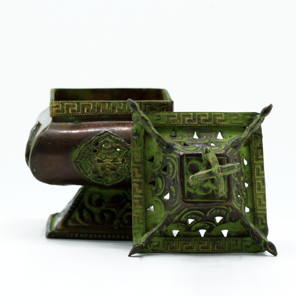Four Symbols Square Standing Pot Brass Verdigris Tibetan Burner