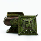 Four Symbols Square Standing Pot Brass Verdigris Tibetan Burner