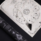 Astral chart with astrological symbols on a textured surface, with a black cone and rolled-up paper with text.