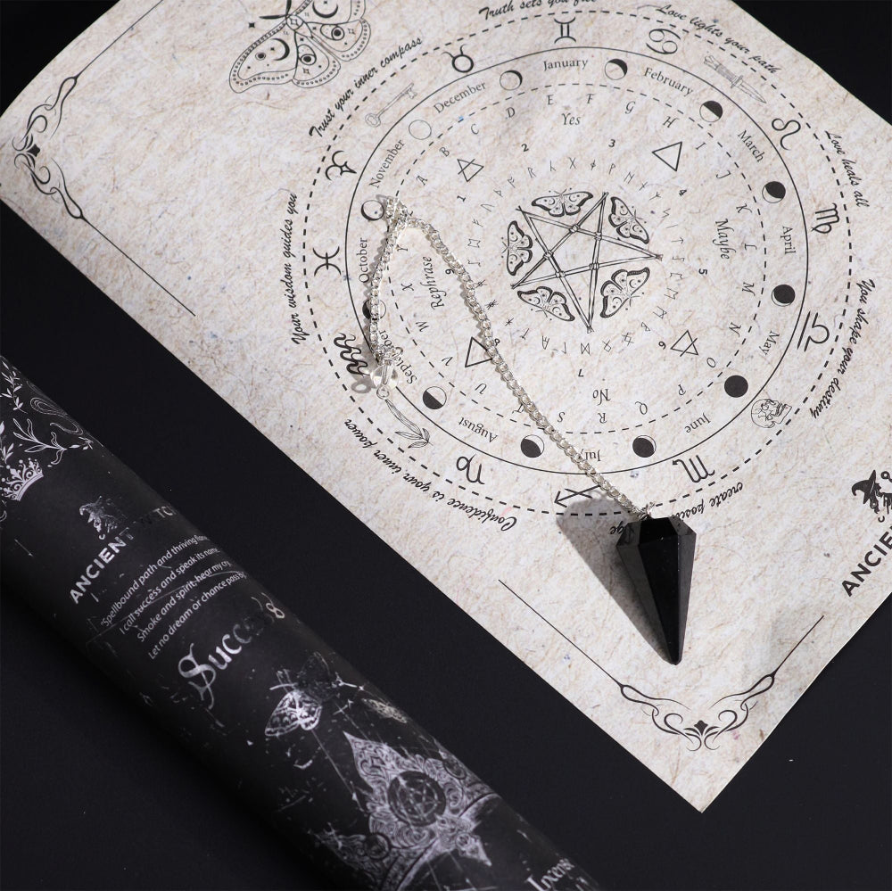 Astral chart with astrological symbols on a textured surface, with a black cone and rolled-up paper with text.
