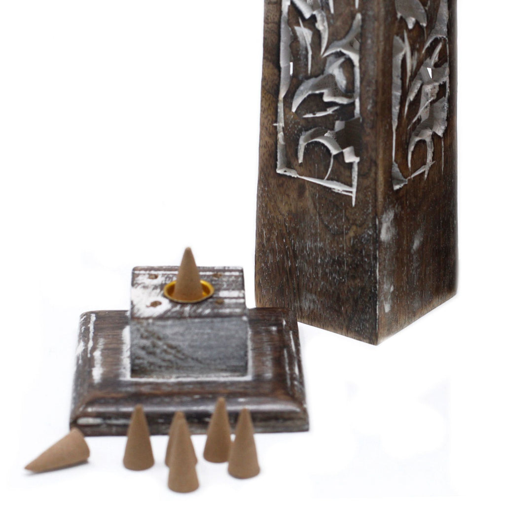 Mango Wood Tapered Incense Tower Washed Design 2