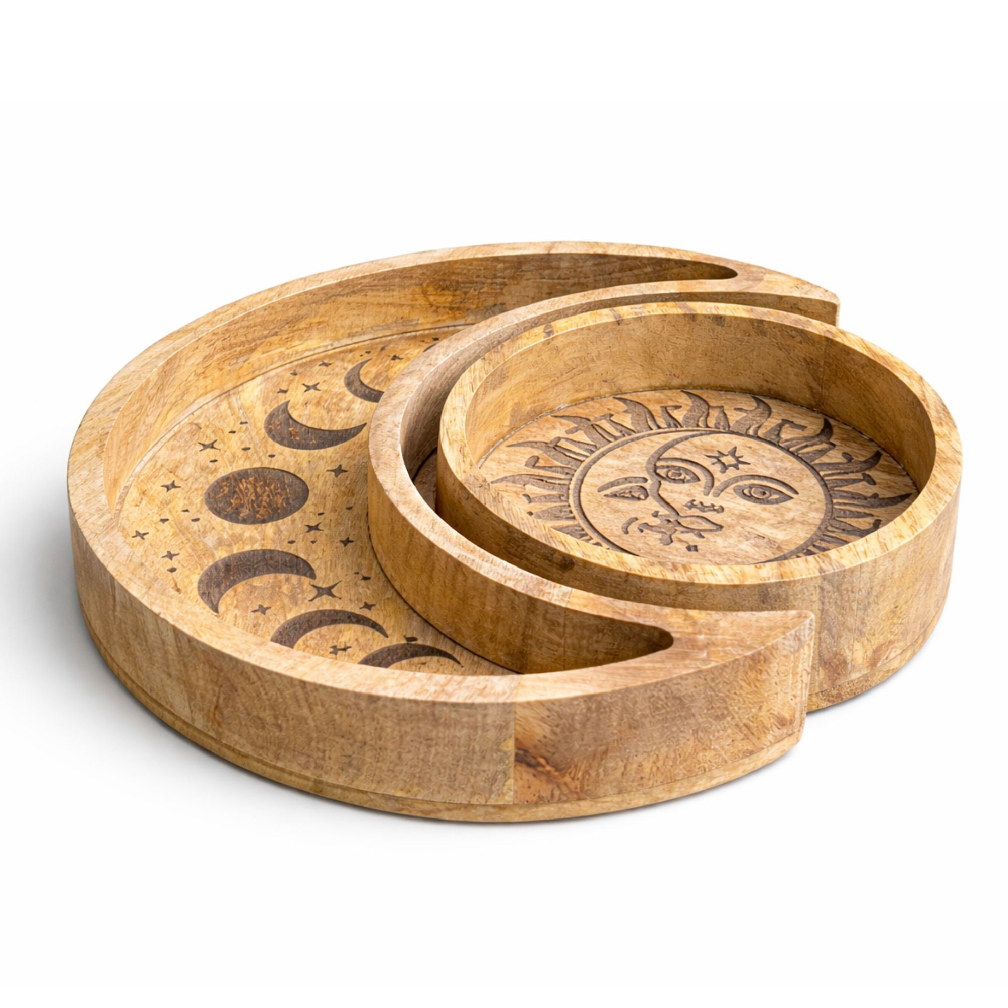 Celestial Sun & Moon Carved Tray Set | Wooden Altar Trays | Set of 2