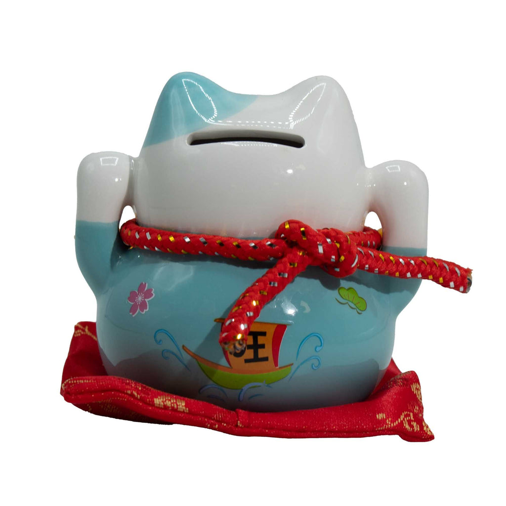 Blue Ceramic Money Cat On Cushion Bank