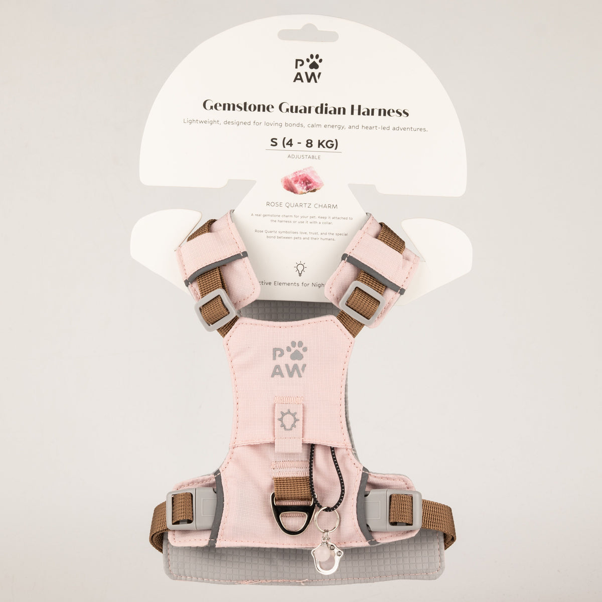 Dog Step-In Guardian Harness with Reflective Mesh & Rose Quartz Charm - Soft Pink - Small (4-8kg)