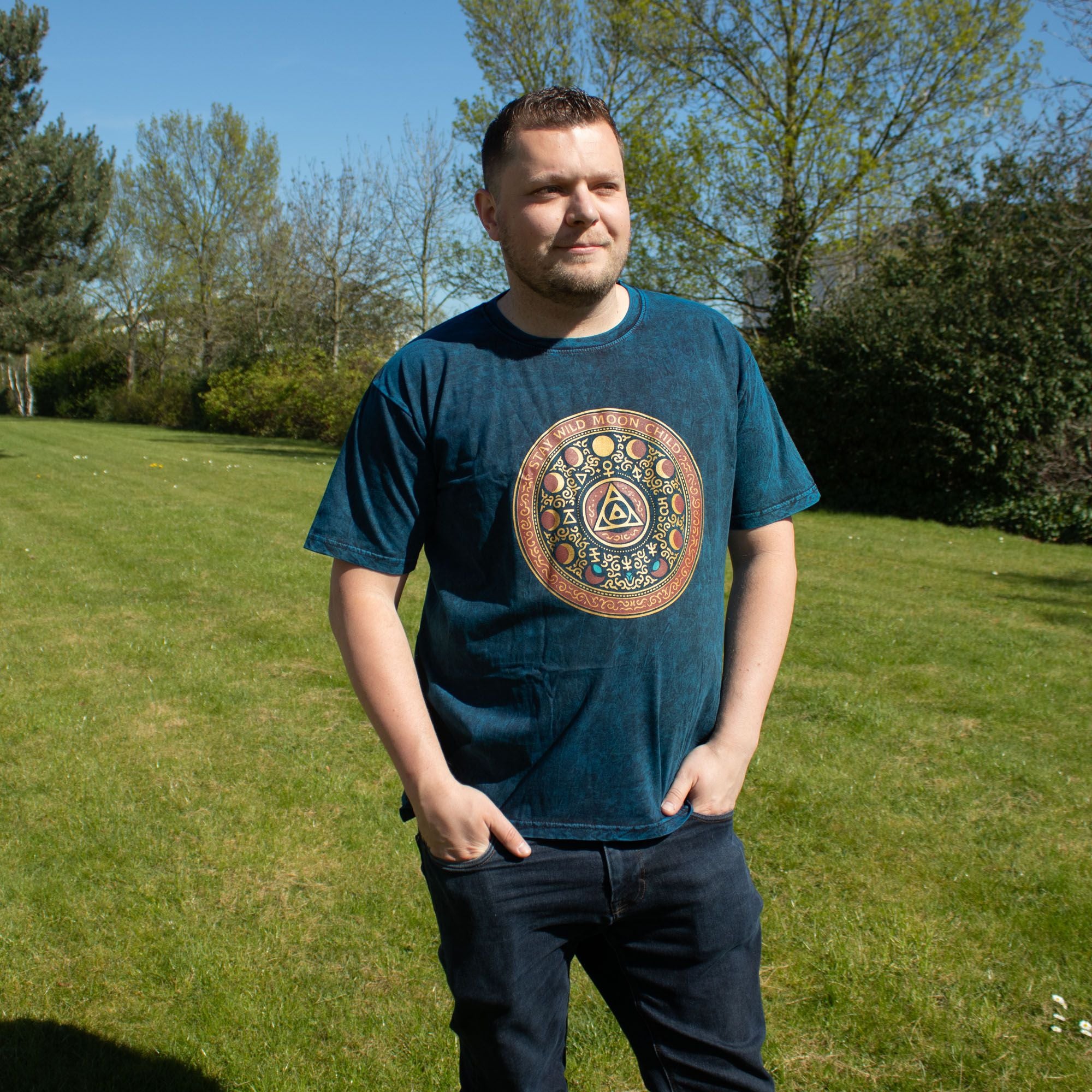 Nomad Sari Stonewashed Cotton T-Shirt | Stay Wild Moon Child | Blue | XL