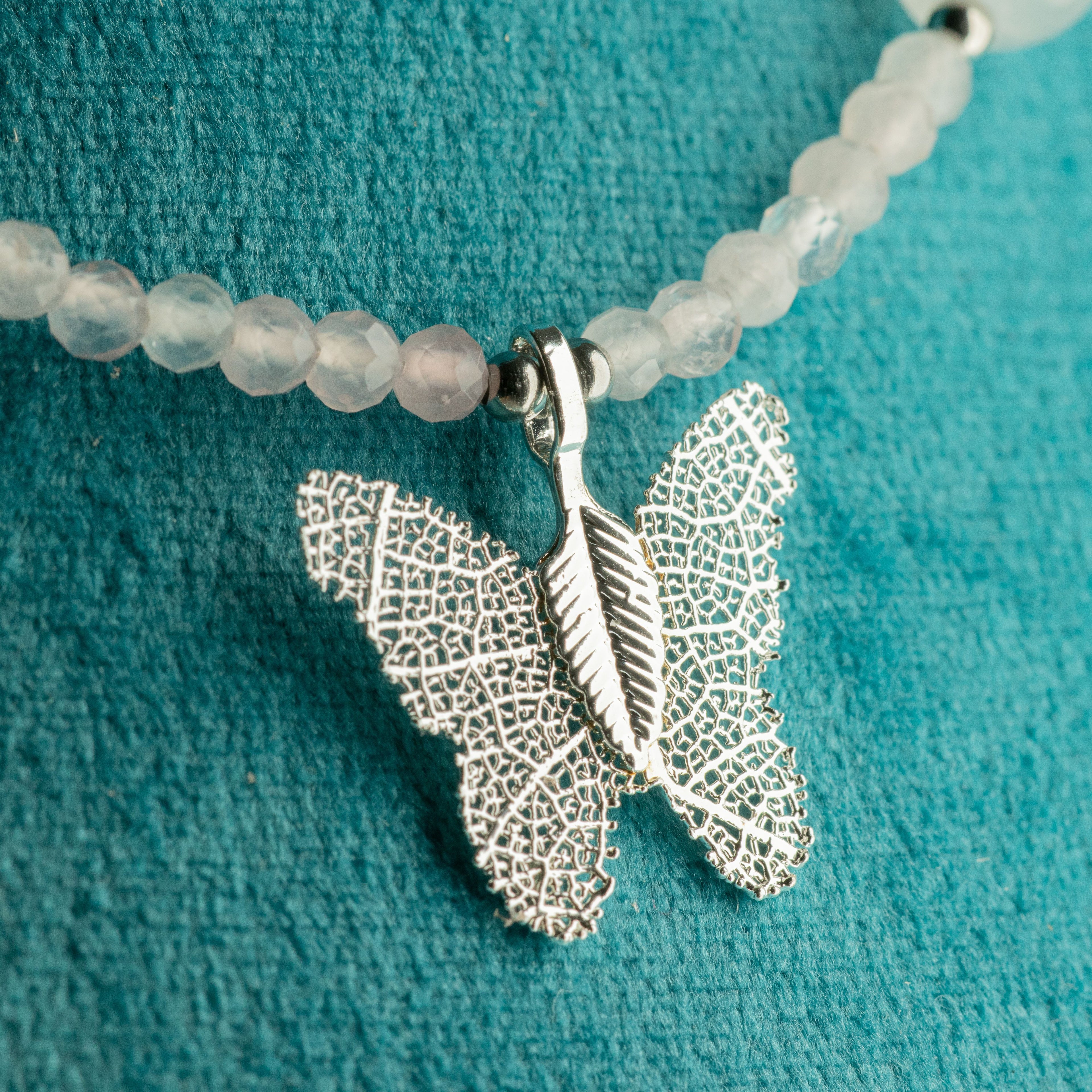 Nymph Rose Quartz Gemstone Necklace with Real Leaf Butterfly Pendant
