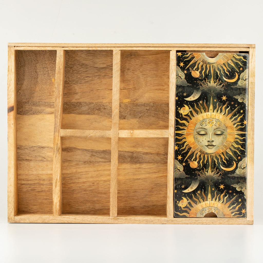 Sun Goddess Mango Wood Tarot Tray with Card Storage