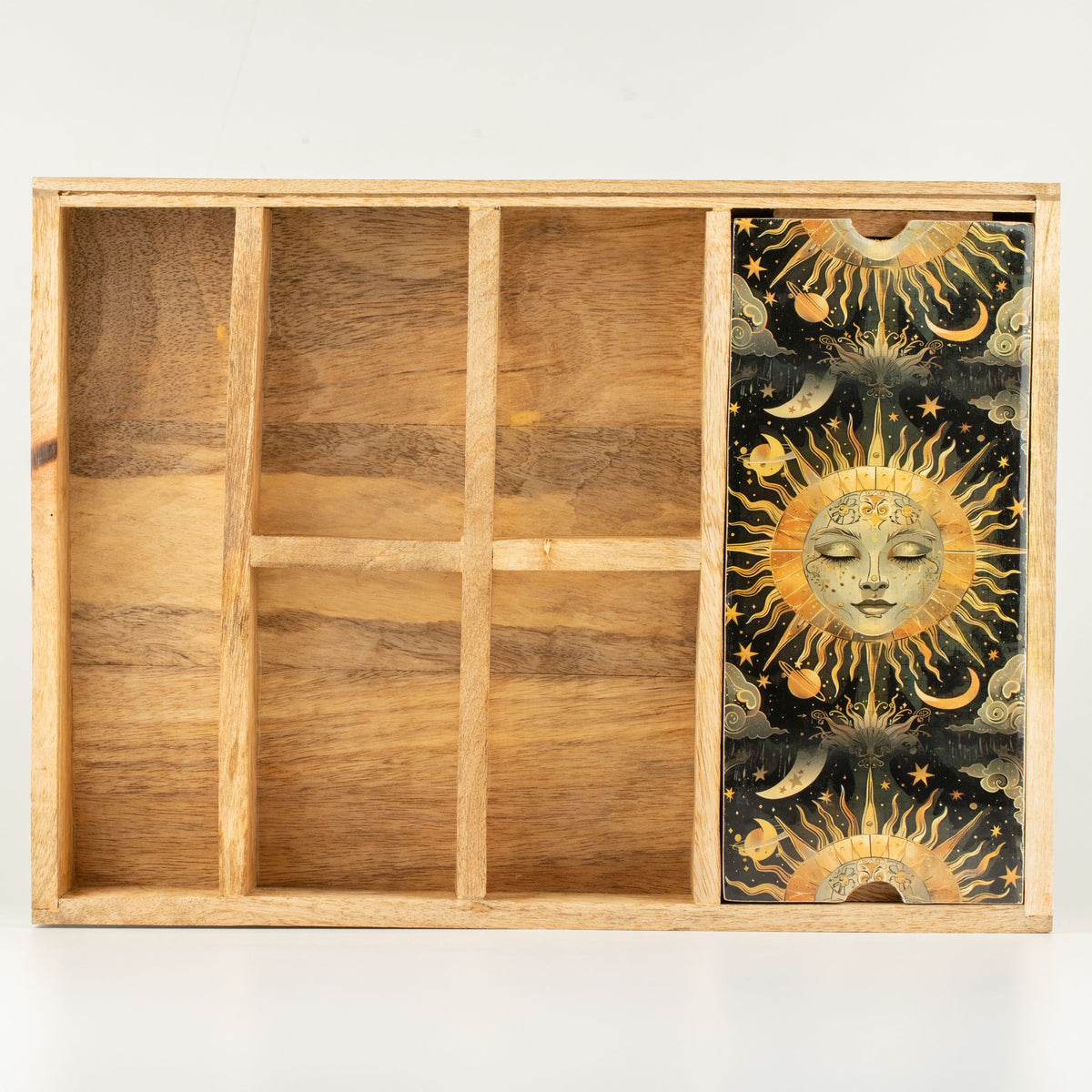Sun Goddess Mango Wood Tarot Tray with Card Storage