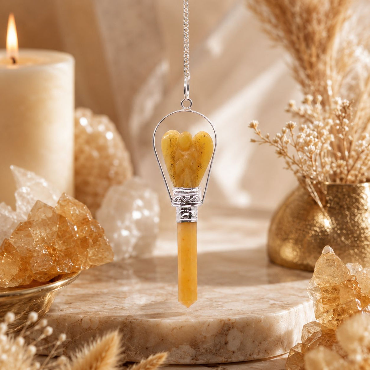 Yellow Quartz Angel Pendulum with Ring