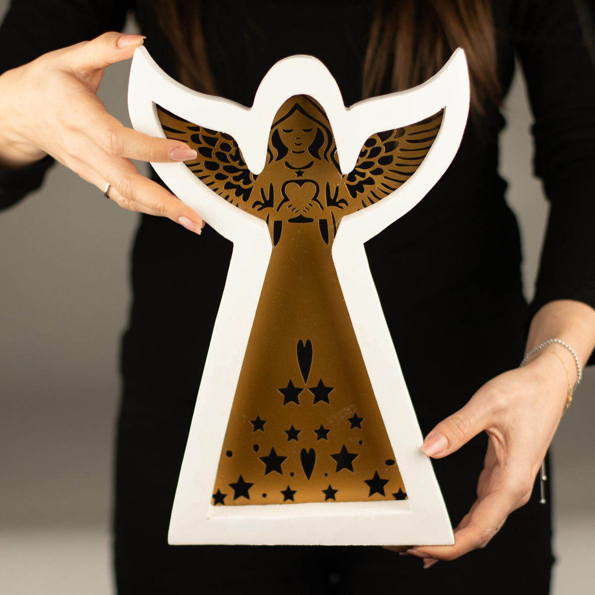 Whitewashed Mango Wood Angel with Iron Cut-Out - Large