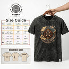 Black t-shirt with 'Compass of Life' design on a hanger, size guide, and measurement chart displayed.