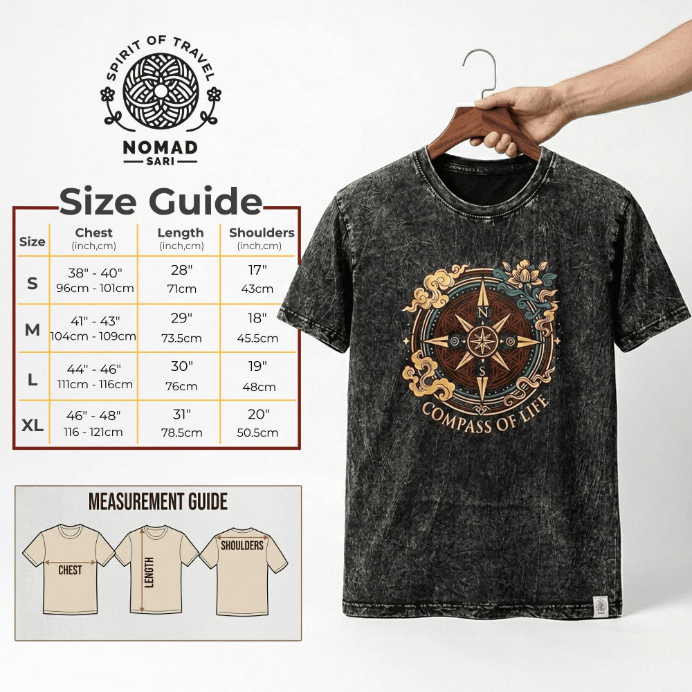 Black t-shirt with 'Compass of Life' design on a hanger, size guide, and measurement chart displayed.