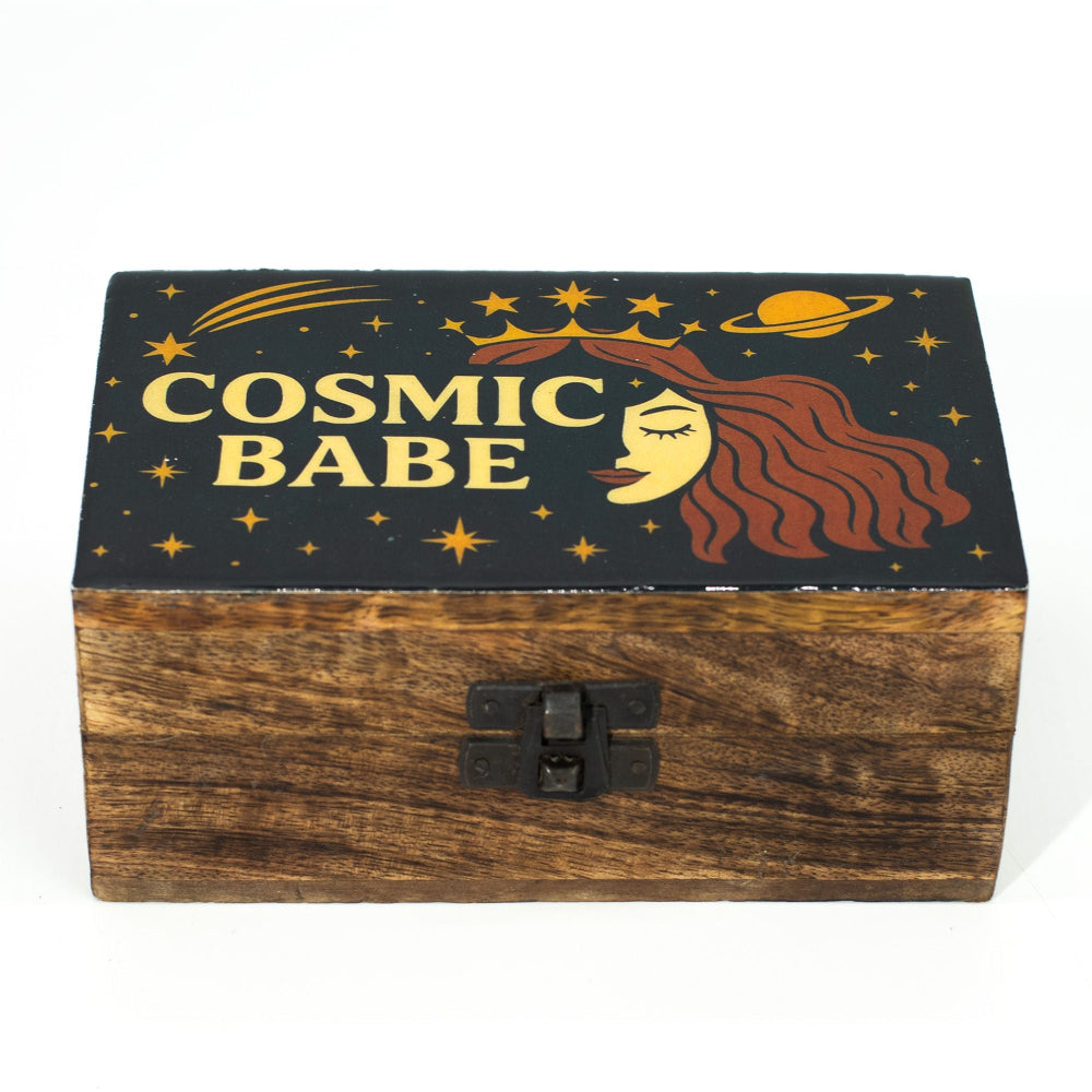 Wooden box with 'Cosmic Babe' design on a black lid