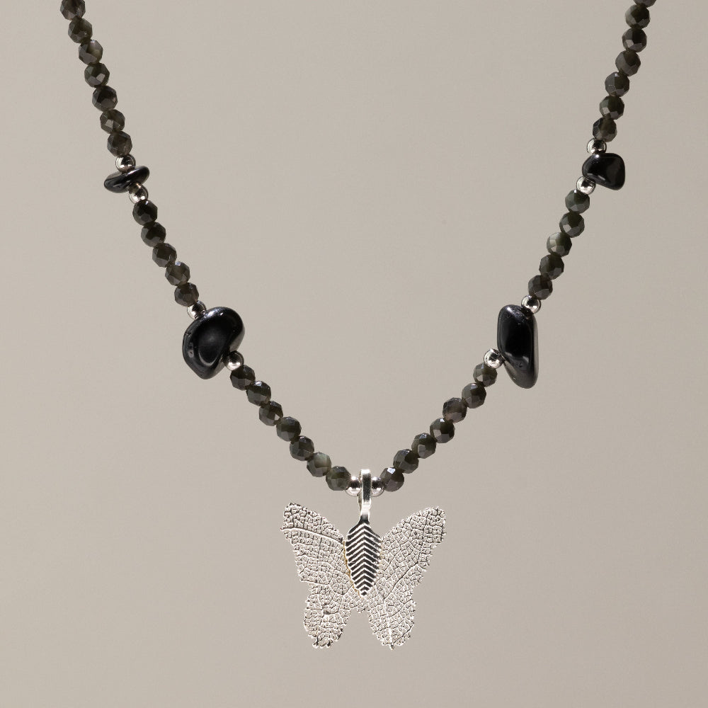 Nymph Black Obsidian Gemstone Necklace | Real Leaf Butterfly Pendant