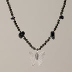 Nymph Black Obsidian Gemstone Necklace | Real Leaf Butterfly Pendant