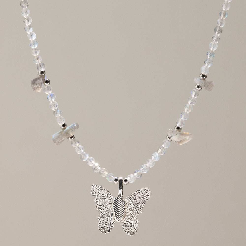 Nymph Labradorite Gemstone Necklace | Real Leaf Butterfly Pendant