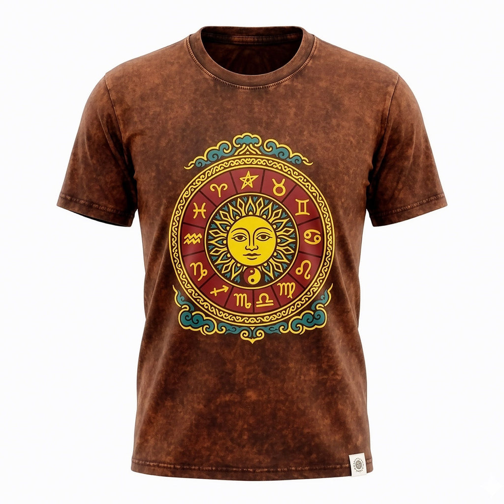 Nomad Sari Stonewashed Cotton T-Shirt | Sun & Zodiac | Brown | Large