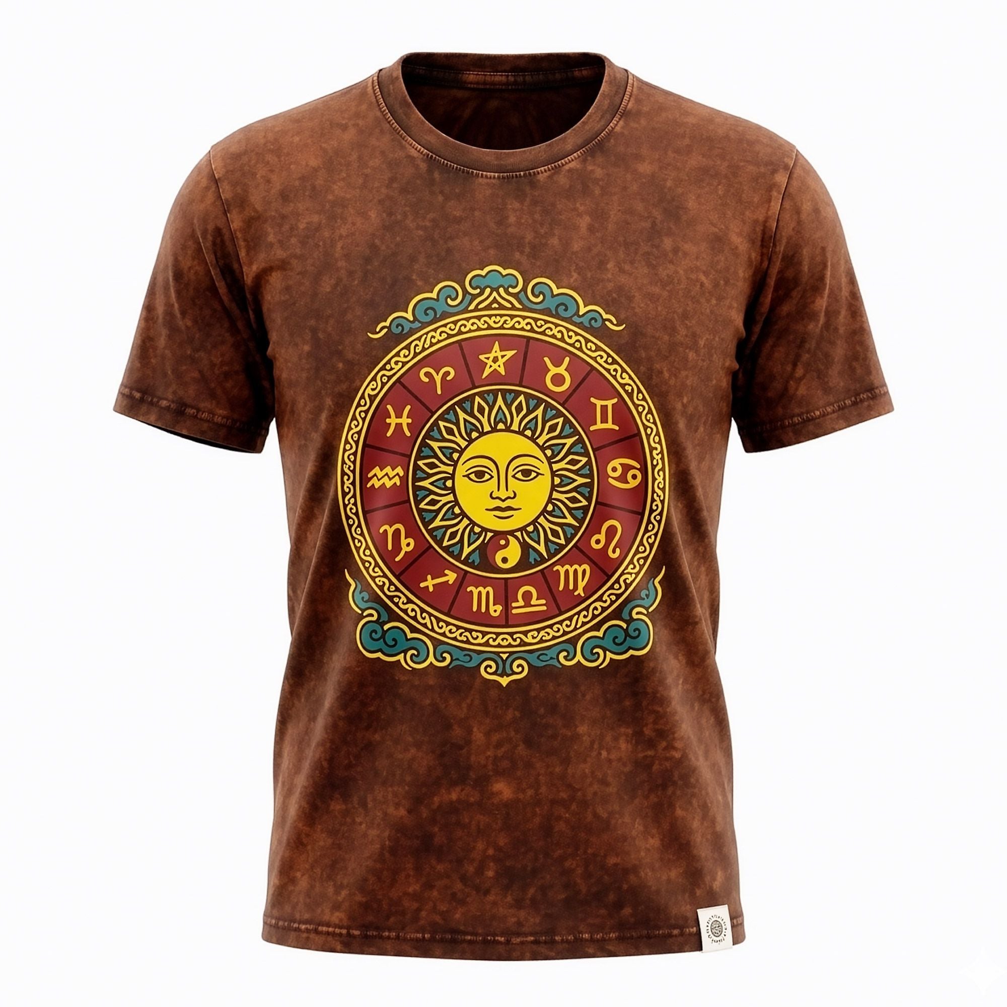 Nomad Sari Stonewashed Cotton T-Shirt | Sun & Zodiac | Brown | Large
