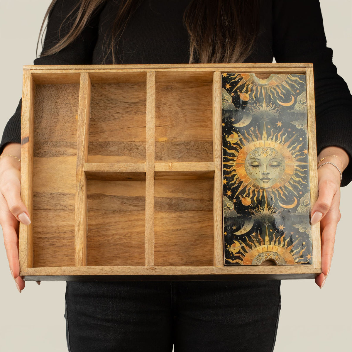 Sun Goddess Mango Wood Tarot Tray with Card Storage