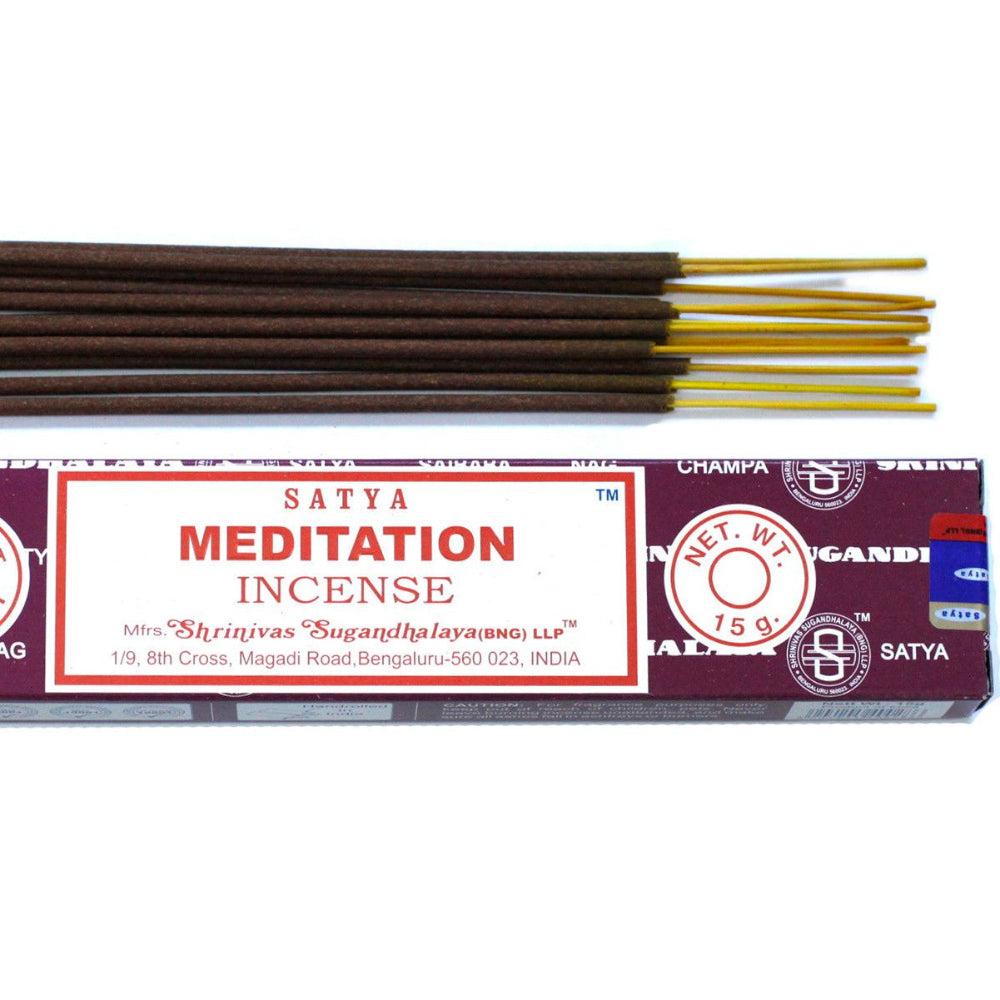 Satya Meditation incense sticks with packaging on a white background