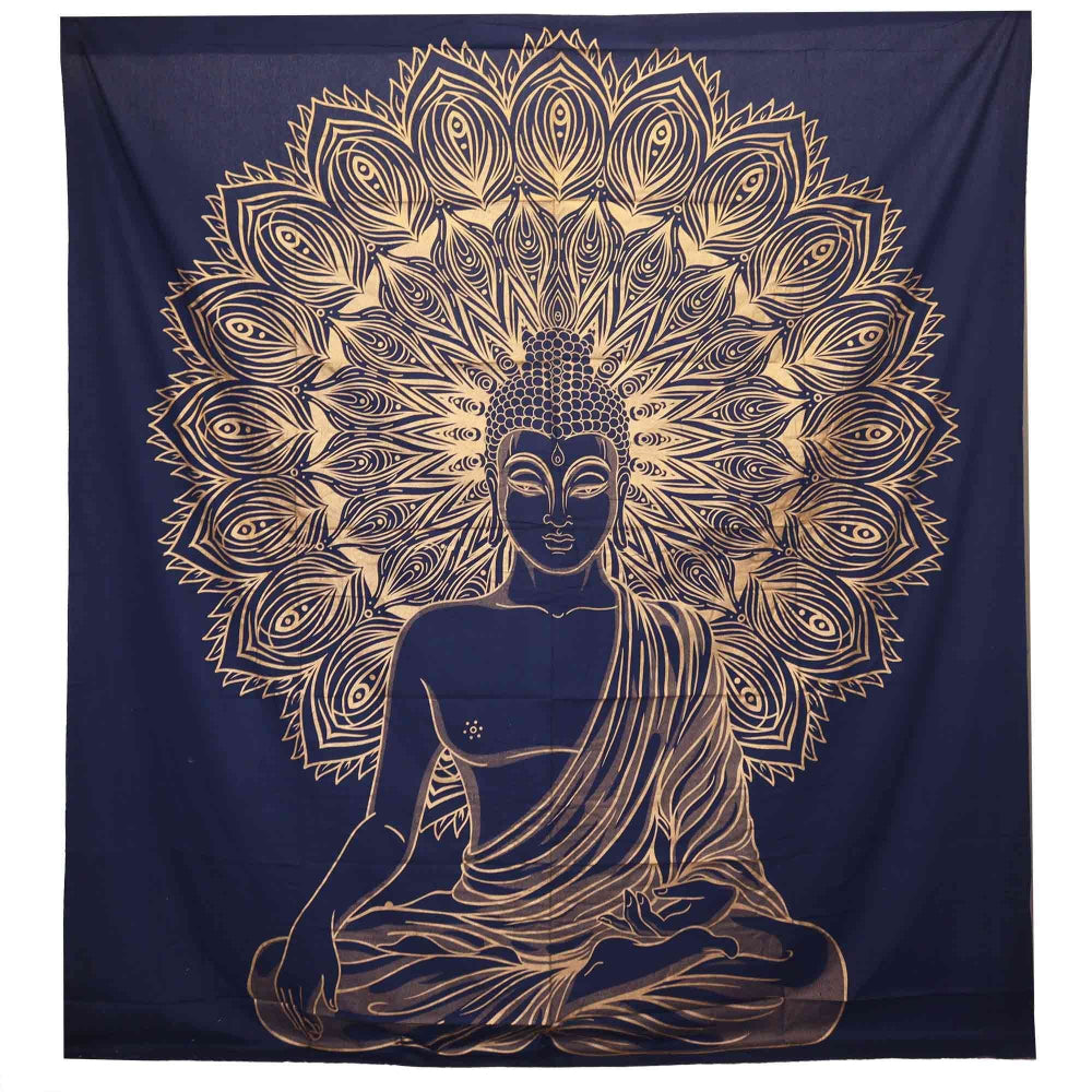 Buddha Cotton Bedspread & Wall Hanging – Blue & Gold | Double