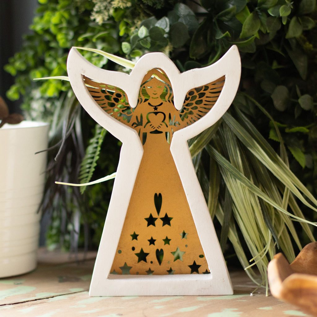 Whitewashed Mango Wood Angel with Iron Cut-Out - Large