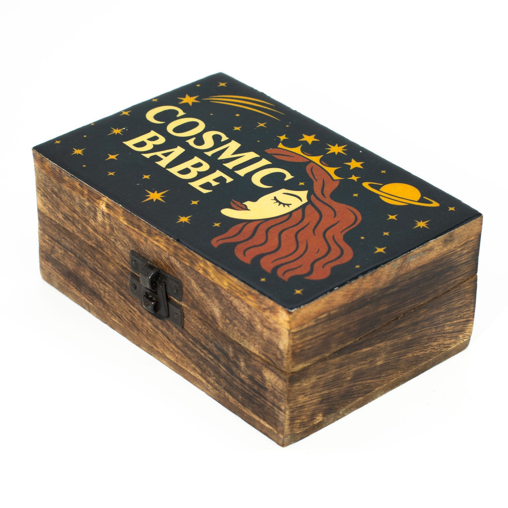 Wooden box with 'Cosmic Babe' design on a white background
