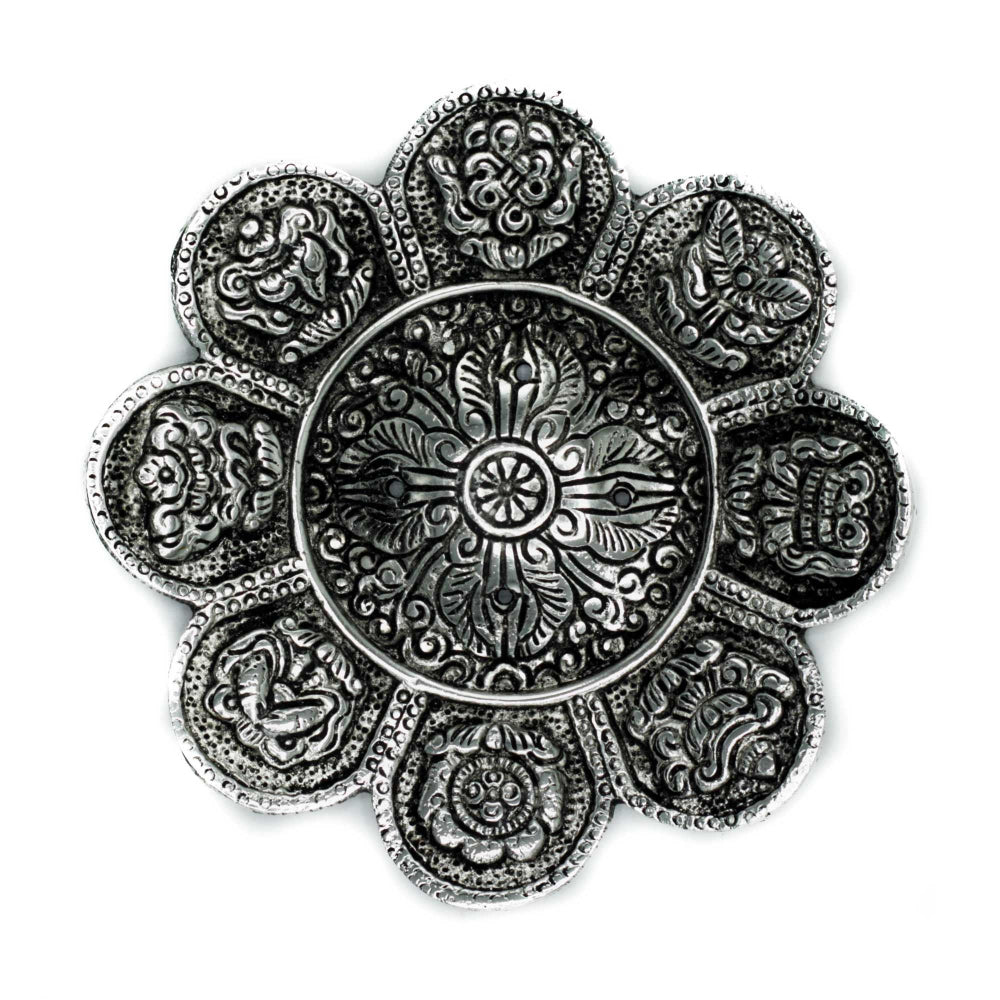 Polished Aluminium Tibetan Symbols Incense Holder