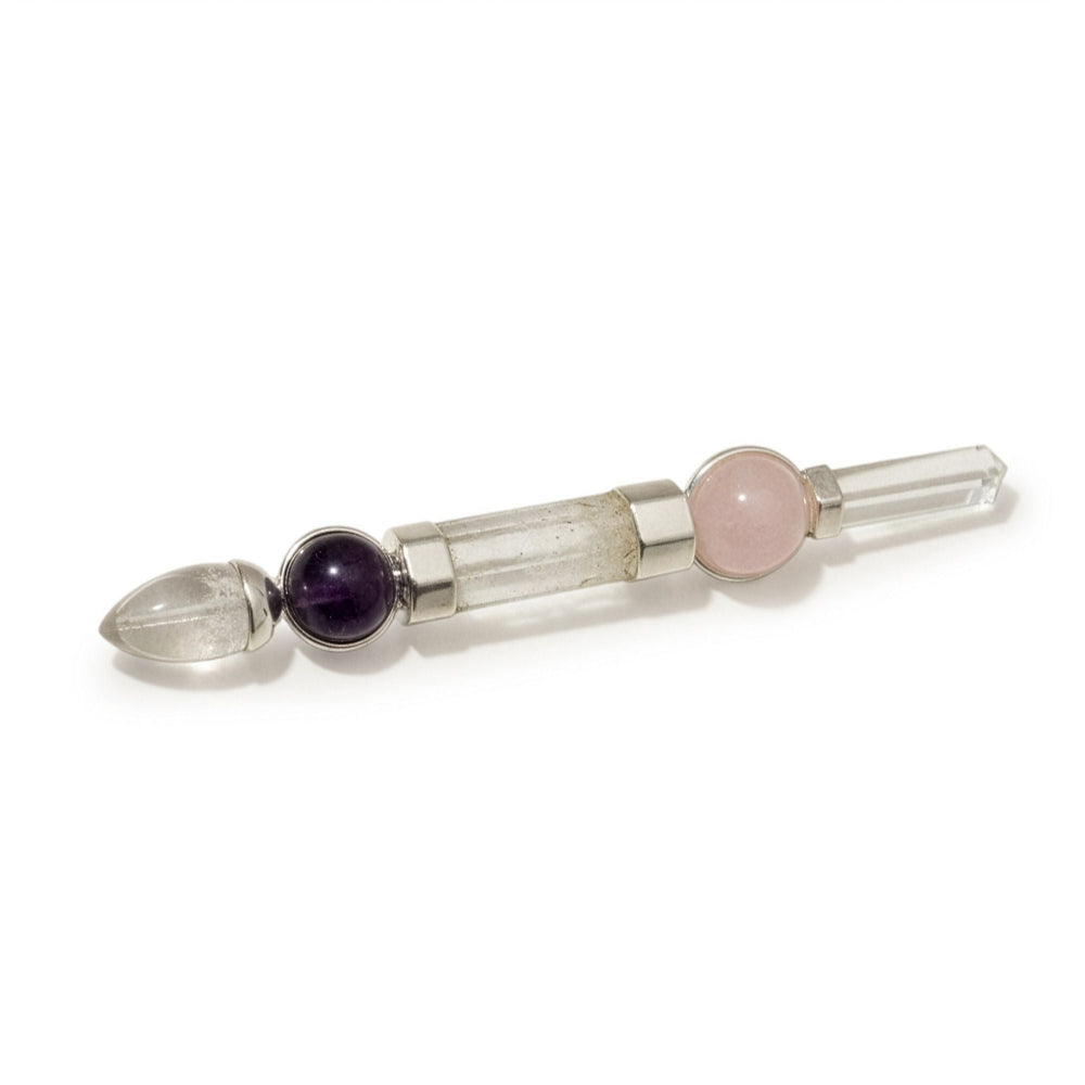 Axis of Grace Wand - Amethyst & Rose Quartz Spheres, Quartz Stem - 12cm
