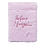 Pink plush blanket with 'before I forget...' text on a white background