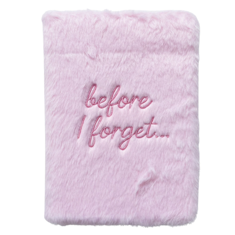 Pink plush blanket with 'before I forget...' text on a white background