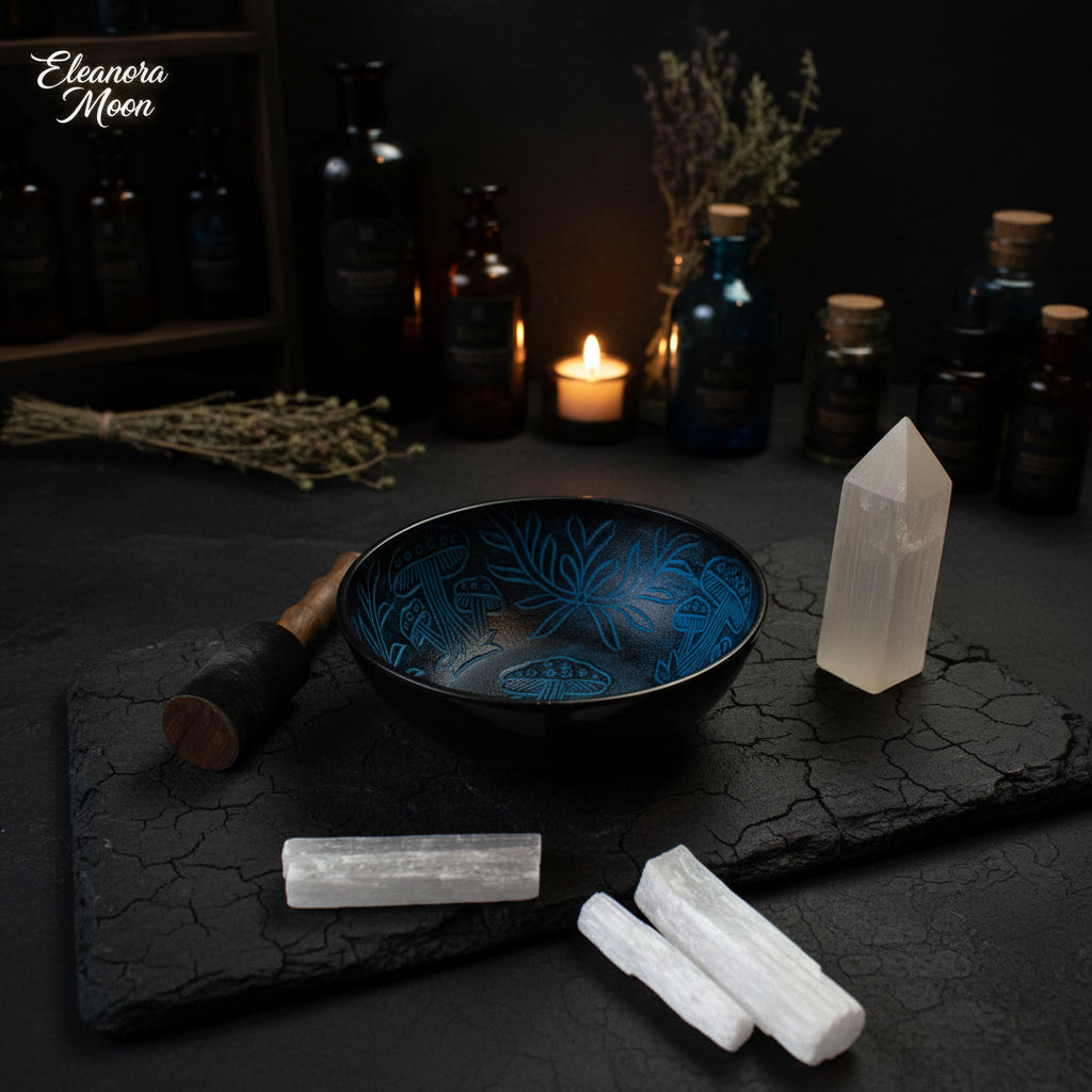 Blue ceramic bowl with engraved design on a wooden surface with natural elements.