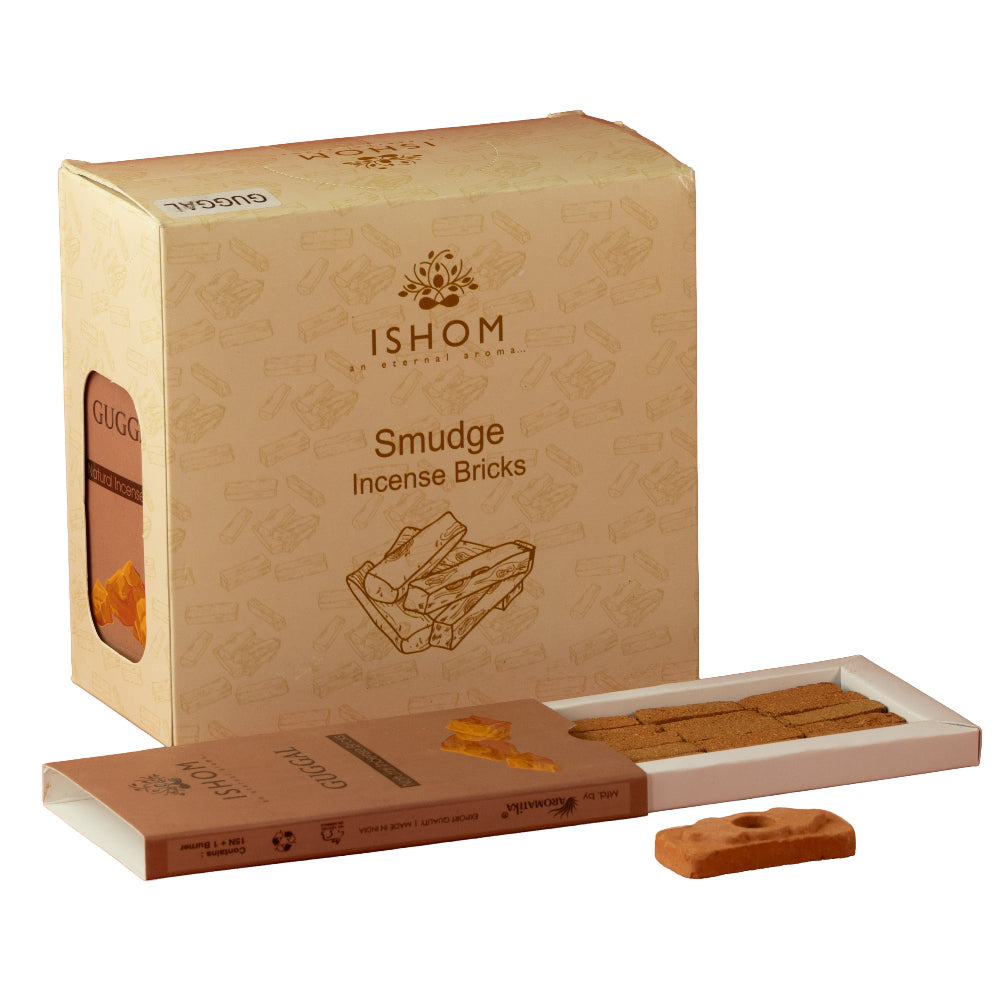 A box of Ishom Smudge Incense Bricks shown with an open tray of rectangular incense pieces and a single incense brick in front, on a plain white background.