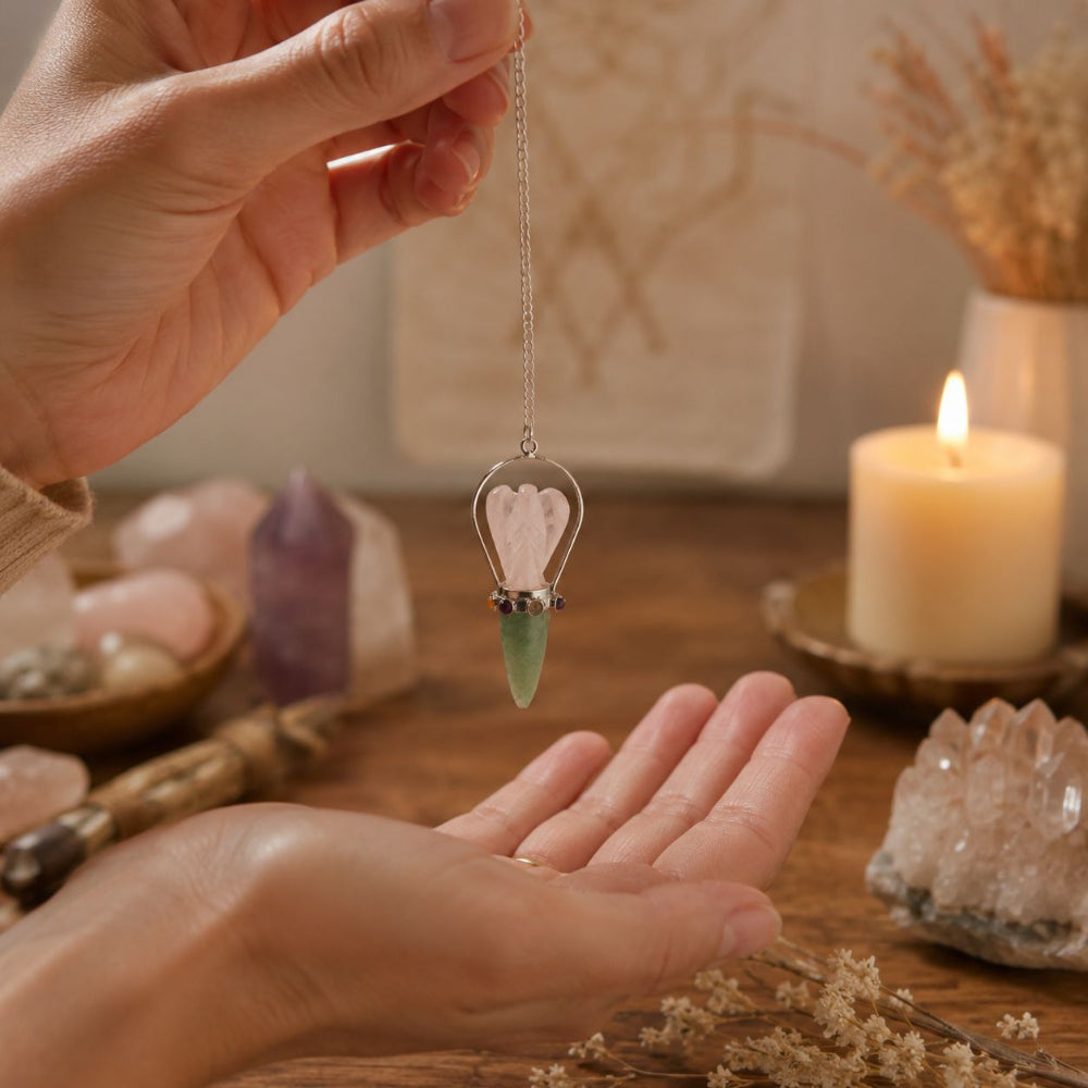 The Heart Oracle | Rose Quartz Angel & Green Aventurine Pendulum with Chakra Band