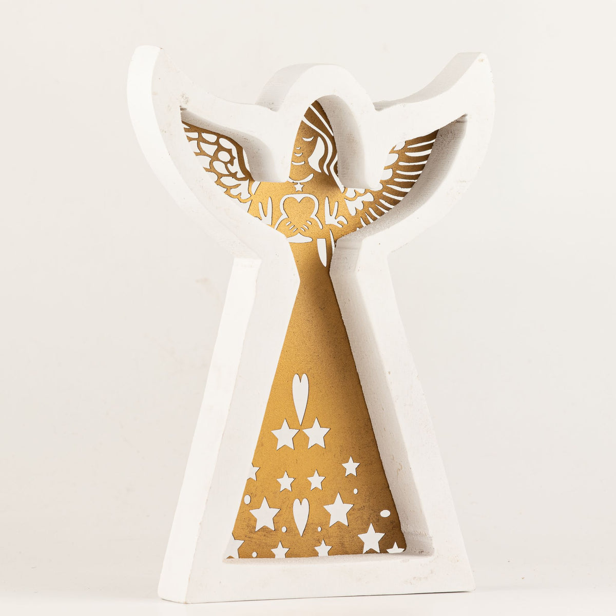Whitewashed Mango Wood Angel Ornament with Iron Cut-Out