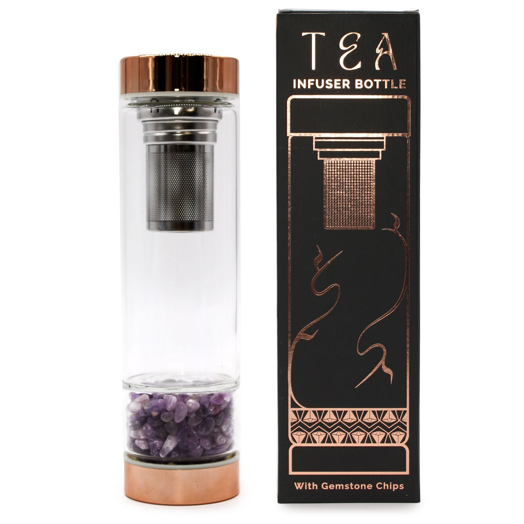 Amethyst Crystal Glass Tea Infuser Bottle | Rose Gold | 500ml