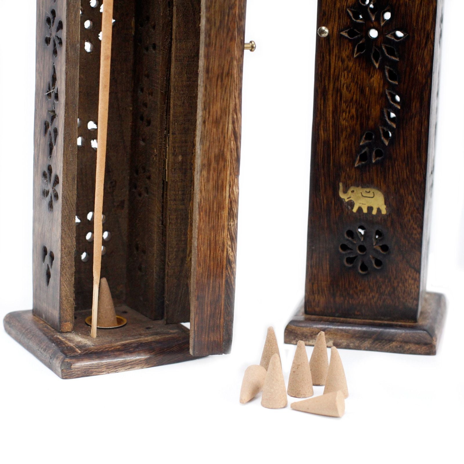 Mango Wood Brass Inlay Square Incense Tower