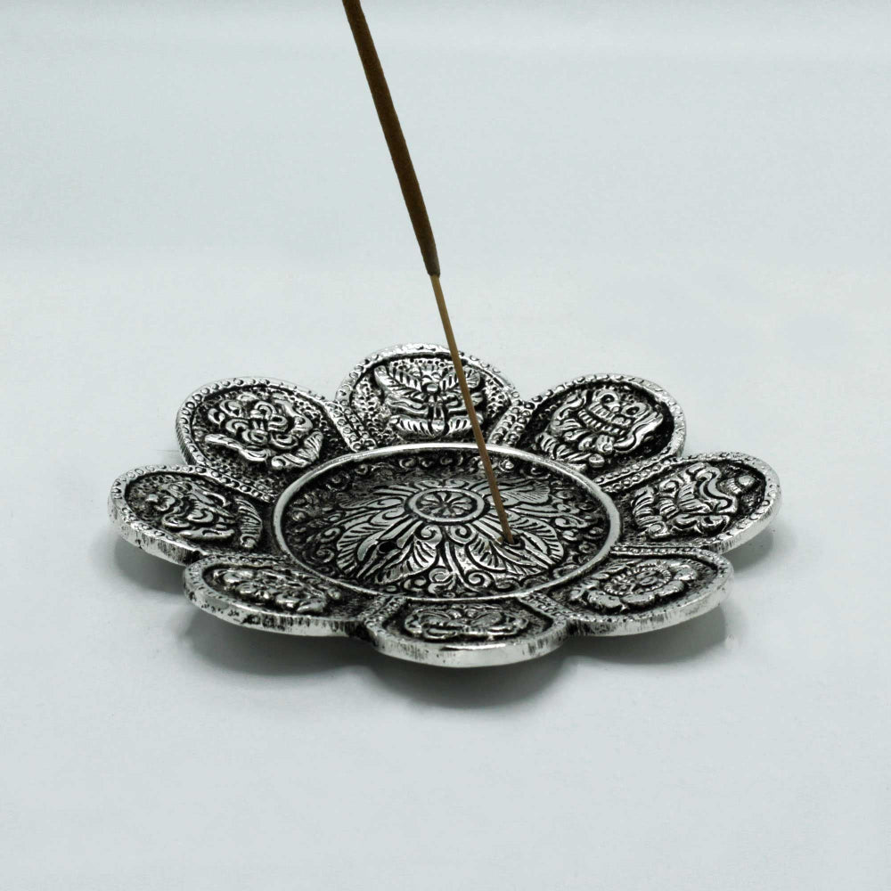 Polished Aluminium Tibetan Symbols Incense Holder