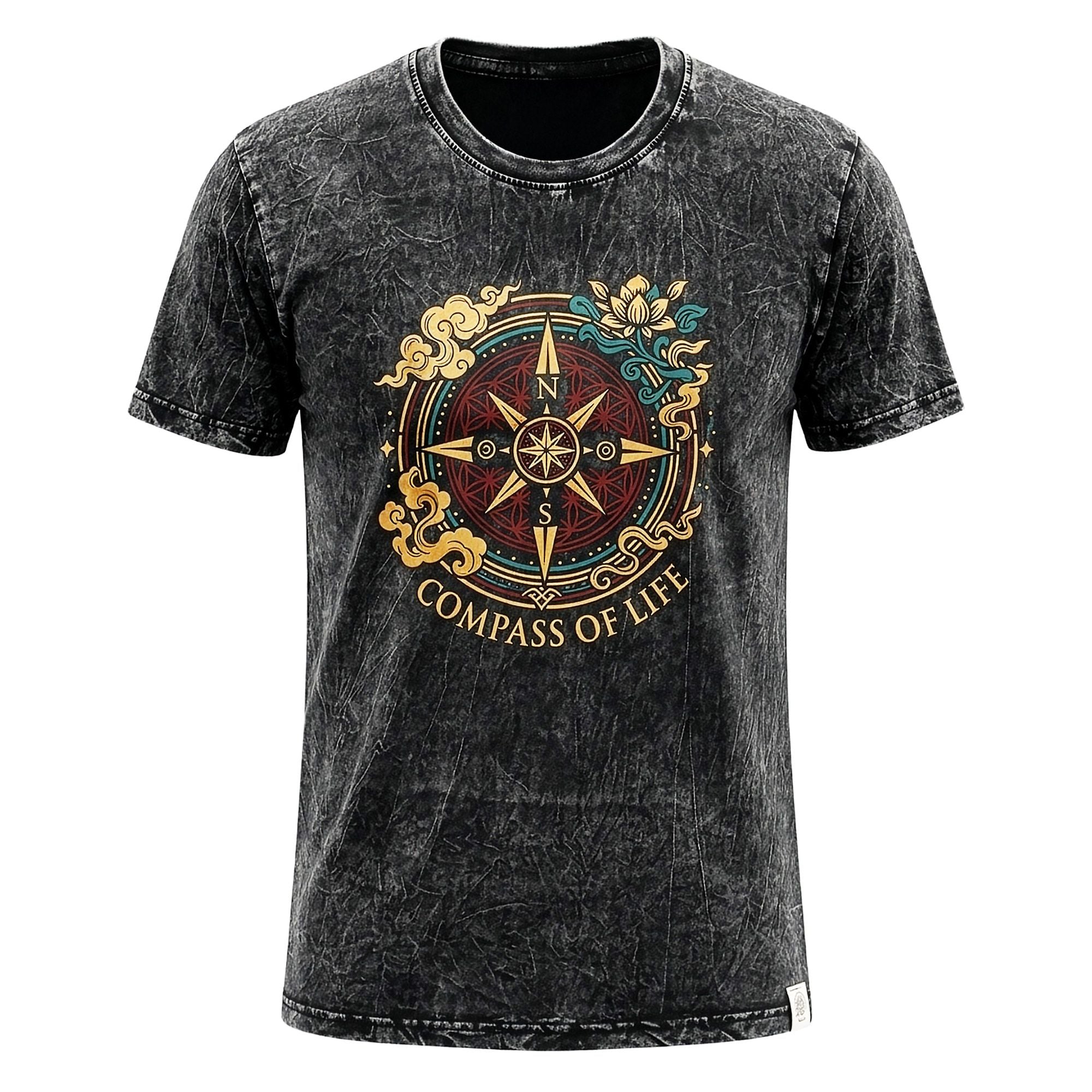 Nomad Sari Stonewashed Cotton T-Shirt | Compass of Life | Charcoal | Large