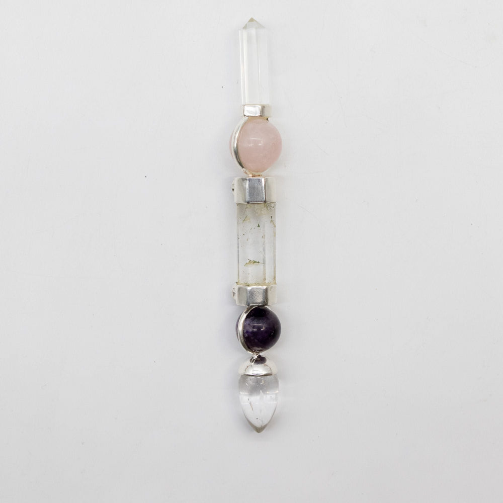 Axis of Grace Wand - Amethyst & Rose Quartz Spheres, Quartz Stem - 12cm
