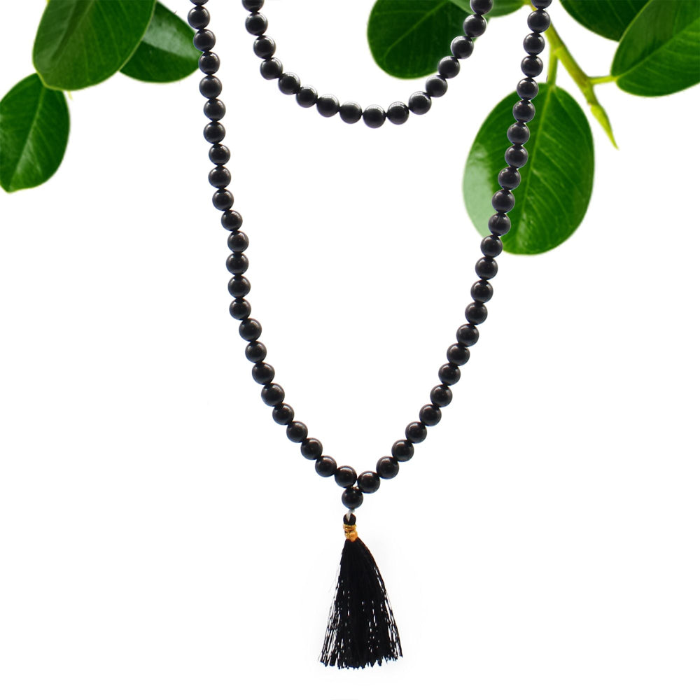 Black Agate 108 Bead Mala – Genuine Gemstone Japa Beads